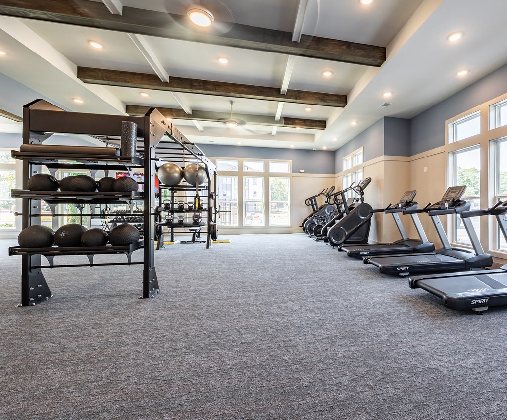a fitness center with treadmills and weights and windows