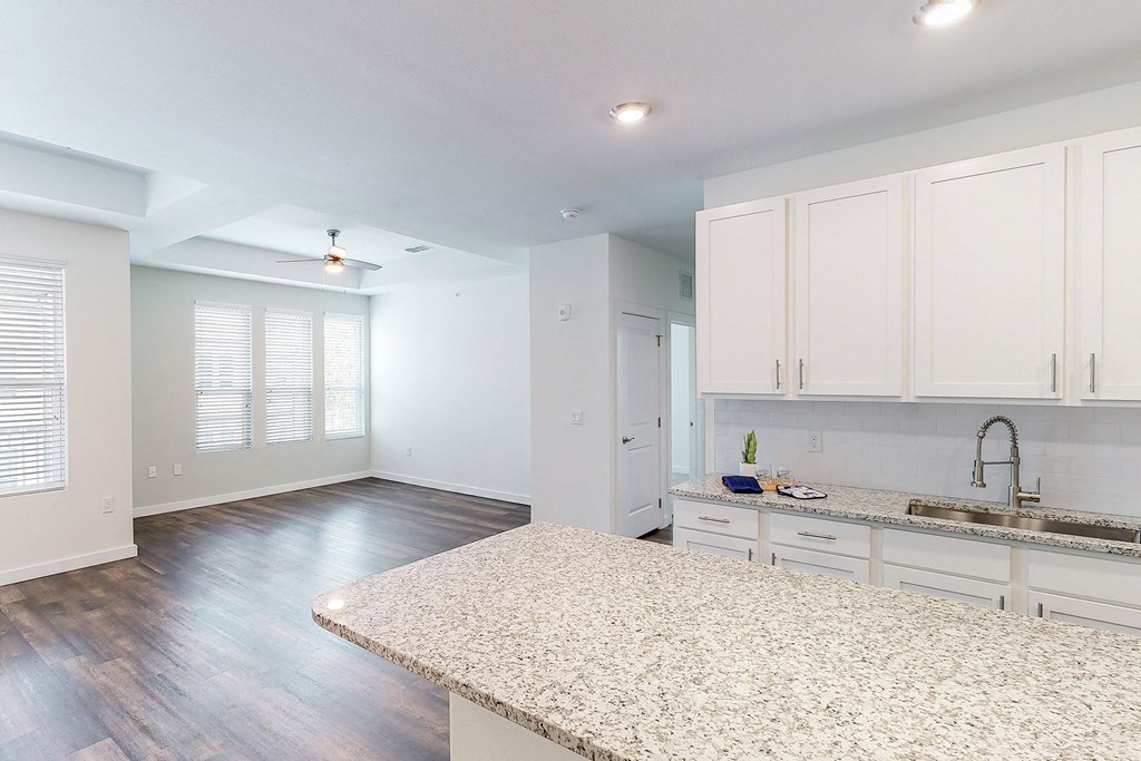 a kitchen with white cabinets and a counter top