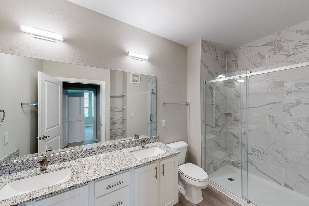 a bathroom with a shower toilet and sink and a mirror