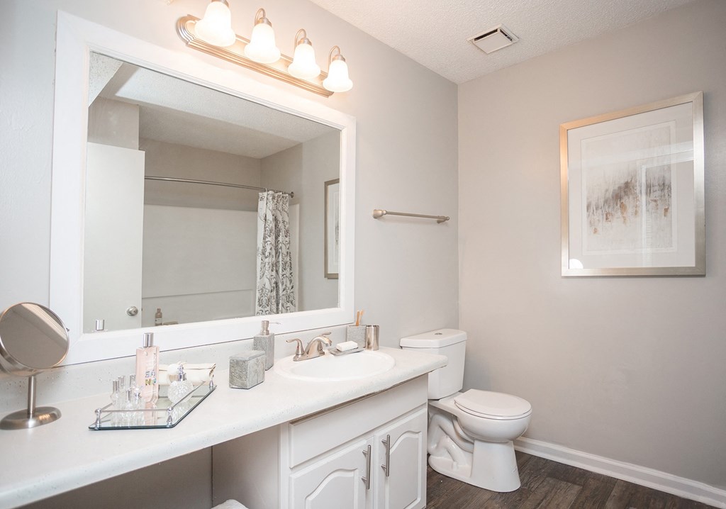 a bathroom with a large mirror and a toilet and sink