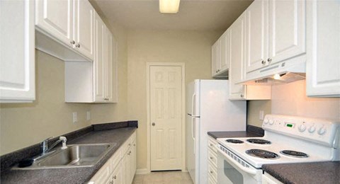 a kitchen with a stove and a sink and a refrigerator