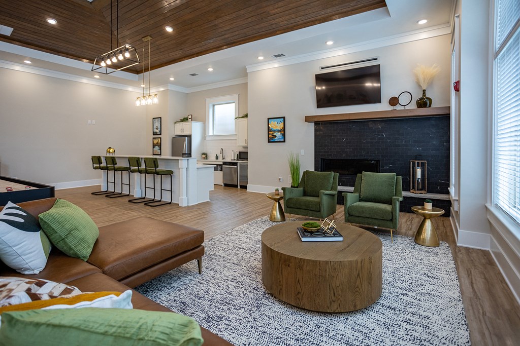 a living room with a couch and a table