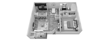 A black and white image of a small apartment layout.