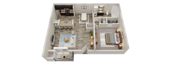 A 3D floor plan of a small apartment with a kitchen, living room, and bedroom.
