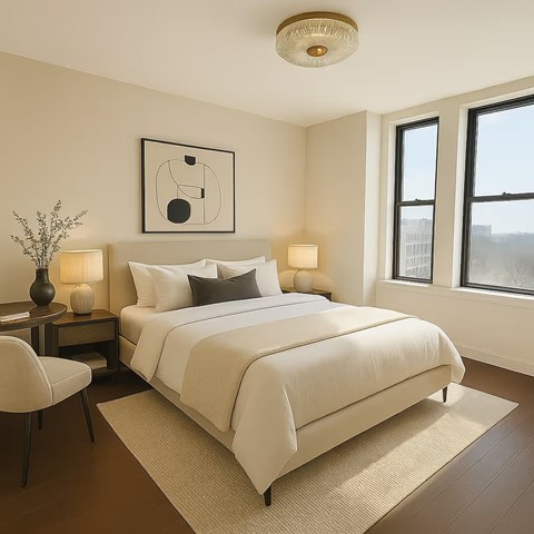 A bedroom with a large bed, a chair, and a painting on the wall.