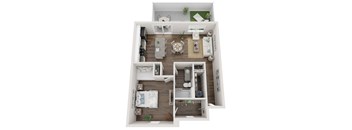 A floor plan of a house with two bedrooms, a living room, a kitchen, and a bathroom.