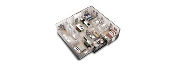 A 3D floor plan of a house with a kitchen, living room, and bedrooms.