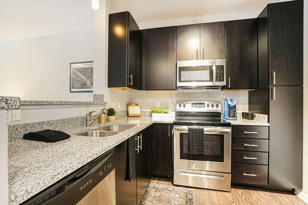 Apartments in Grand Rapids, MI, WIth In-Unit Washer and Dryer - Knapp’s Corner Flats - Kitchen with Wood-Style Vinyl Plank Flooring, 9-Foot Ceiling, Custom Pendant Lighting, Espresso Kitchen Cabinetry, Stainless-Steel Appliances, Wall Art, Rug, Breakfast Bar, Single Sink, and Gooseneck Faucet Featuring a Pull-Down Sprayer.
