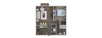 A floor plan of a Juliet balcony apartment with a living room, kitchen, bathroom, and bedroom.