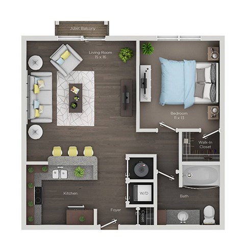 A floor plan of a Juliet balcony apartment with a living room, kitchen, bathroom, and bedroom.