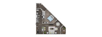 A floor plan of a house showing a bedroom, living room, kitchen, and dining area.