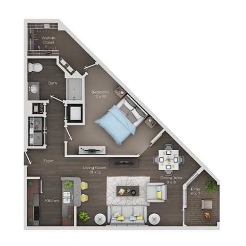 A floor plan of a house showing a bedroom, living room, kitchen, and dining area.