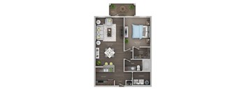 A floor plan of a small apartment with a living area, kitchen, bathroom, and bedroom.