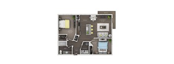 A floor plan of a home layout with a living room, kitchen, and three bedrooms.