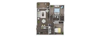 A floor plan of a small apartment with a living area, kitchen, and two bedrooms.