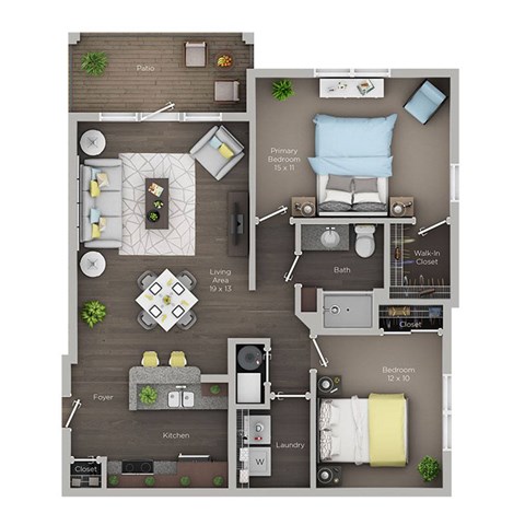 A floor plan of a small apartment with a living area, kitchen, and two bedrooms.