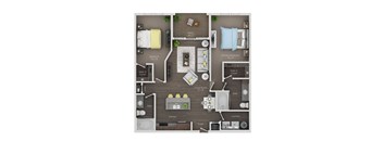 A floor plan of a small apartment with a bedroom, living room, kitchen, and bathroom.