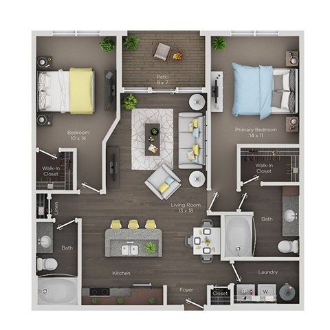 A floor plan of a small apartment with a bedroom, living room, kitchen, and bathroom.
