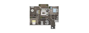 A floor plan of a house with a living area, dining area, kitchen, and bedrooms.