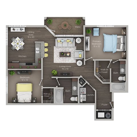 A floor plan of a house with a living area, dining area, kitchen, and bedrooms.