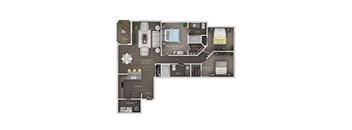 A floor plan of a house with a living room, kitchen, laundry, and two bedrooms.