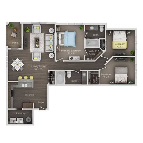 A floor plan of a house with a living room, kitchen, laundry, and two bedrooms.