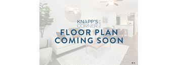 A modern living room with a white sofa and a text overlay that reads "Knapp's Corner Floors Coming Soon".