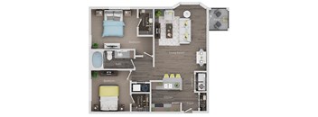 A floor plan of a small apartment with two bedrooms, a living room, kitchen, and bathroom.