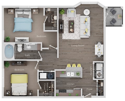 A floor plan of a small apartment with two bedrooms, a living room, kitchen, and bathroom.