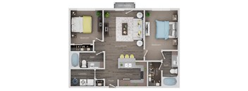 A floor plan of a Juliet balcony apartment with two bedrooms, a living room, a kitchen, a bathroom, a laundry area, and a foyer.