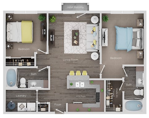 A floor plan of a Juliet balcony apartment with two bedrooms, a living room, a kitchen, a bathroom, a laundry area, and a foyer.