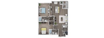 A floor plan of a house with two bedrooms, a living room, kitchen, laundry, and bathrooms.