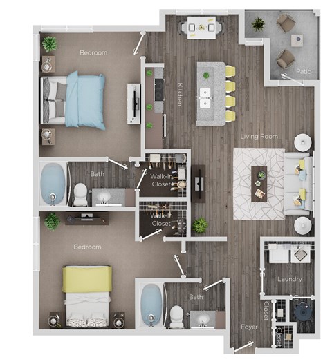A floor plan of a house with two bedrooms, a living room, kitchen, laundry, and bathrooms.