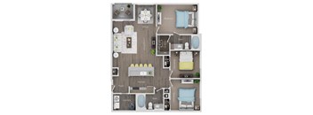 A floor plan of a house with a kitchen, living room, dining room, and bathrooms.