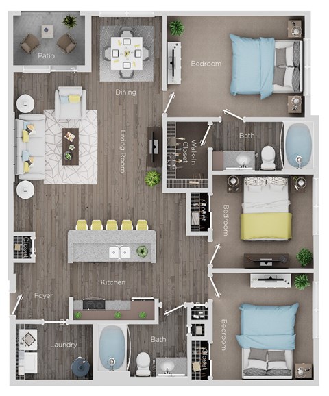 A floor plan of a house with a kitchen, living room, dining room, and bathrooms.
