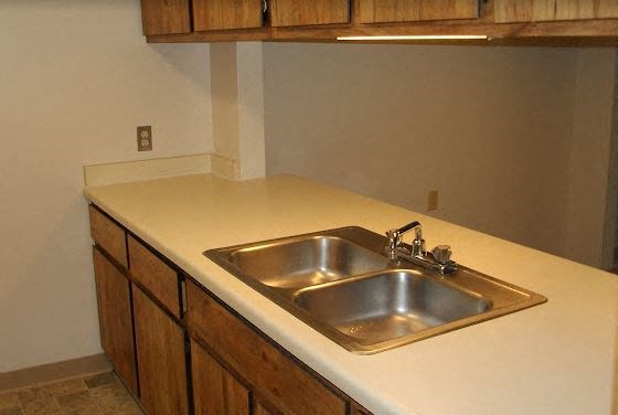 a kitchen with a sink and wooden cabinets