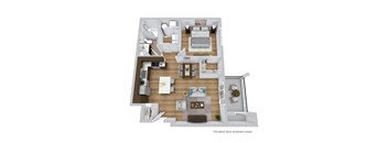 A 3D floor plan of a house with a kitchen, living room, and bedrooms.