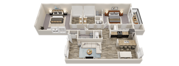 A 3D floor plan of a house with multiple rooms and furniture.