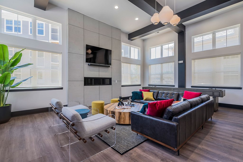 A modern living room with a black couch and a grey chair.