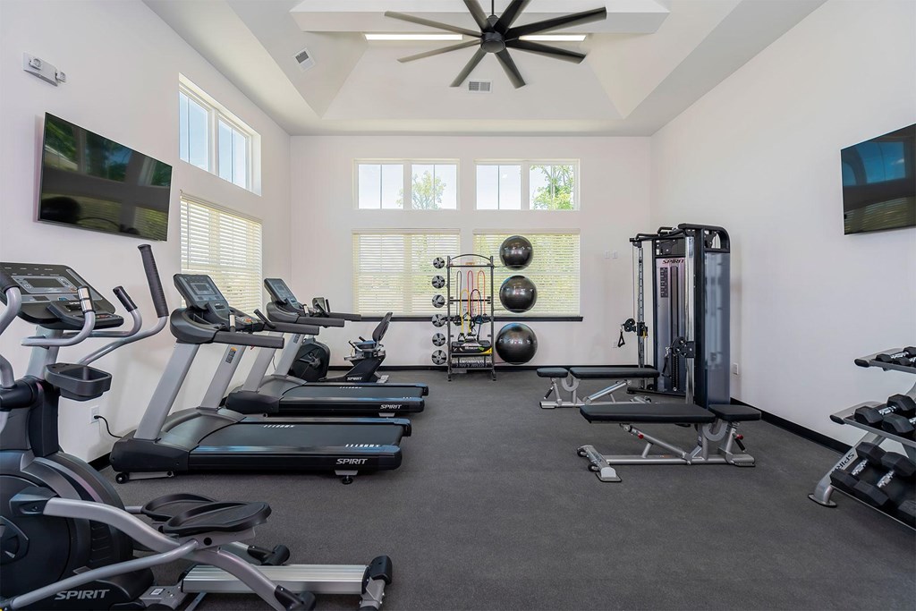 A spacious home gym with treadmills, exercise balls, and weightlifting equipment.