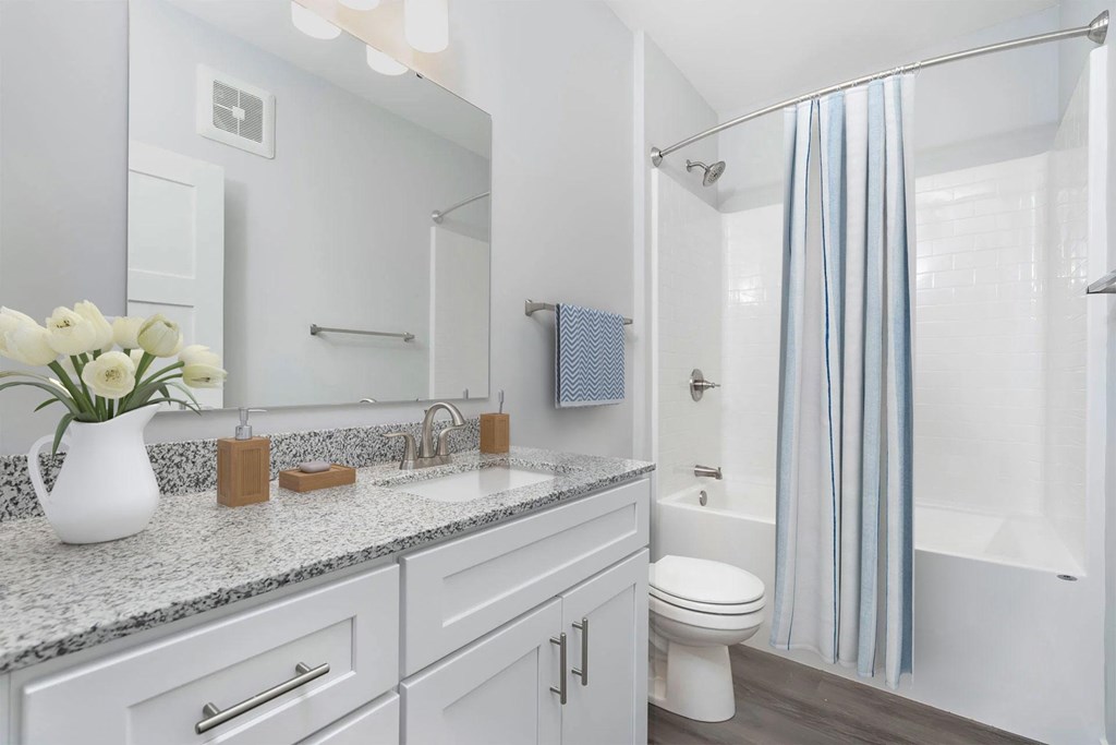 A white bathroom with a white toilet, a sink, a mirror, and a shower.