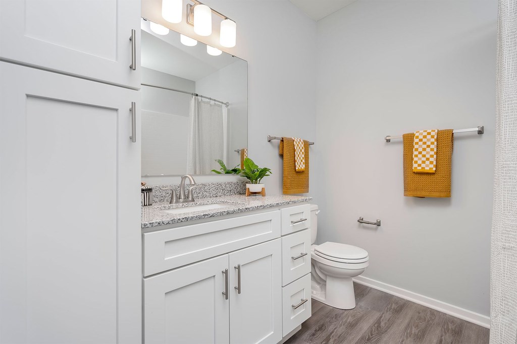 A bathroom with a white toilet, sink, and cabinets.
