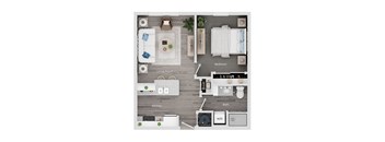 A floor plan of a small apartment with a living room, kitchen, bathroom, and bedroom.