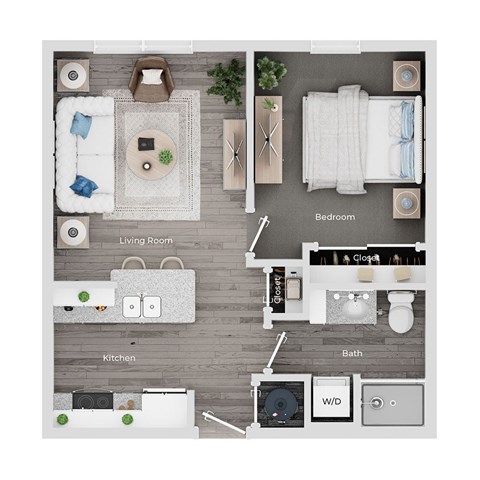 A floor plan of a small apartment with a living room, kitchen, bathroom, and bedroom.