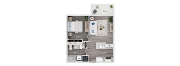 A diagram shows a floor plan of a small apartment with a balcony, living room, kitchen, bath, and bedroom.