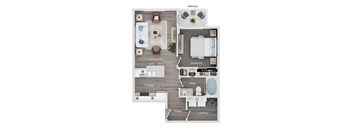 A floor plan of a small apartment with a living room, kitchen, bathroom, bedroom, and laundry room.