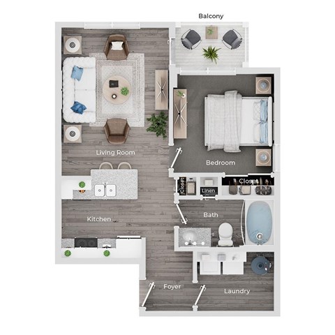 A floor plan of a small apartment with a living room, kitchen, bathroom, bedroom, and laundry room.