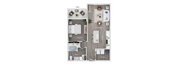 A floor plan of a house showing a living room, kitchen, bedroom, bathroom, laundry, and patio.