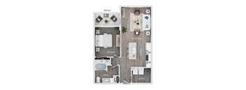 A floor plan of a house showing a living room, kitchen, bedroom, bathroom, and laundry area.