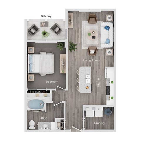 A floor plan of a house showing a living room, kitchen, bedroom, bathroom, and laundry area.